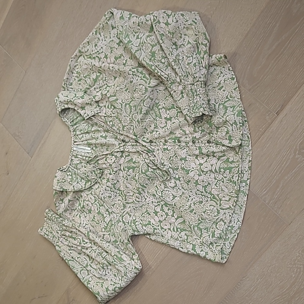 Anthropologie Green and White Floral Peasant Blouse